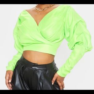 Prettylittlething neon woven puff top